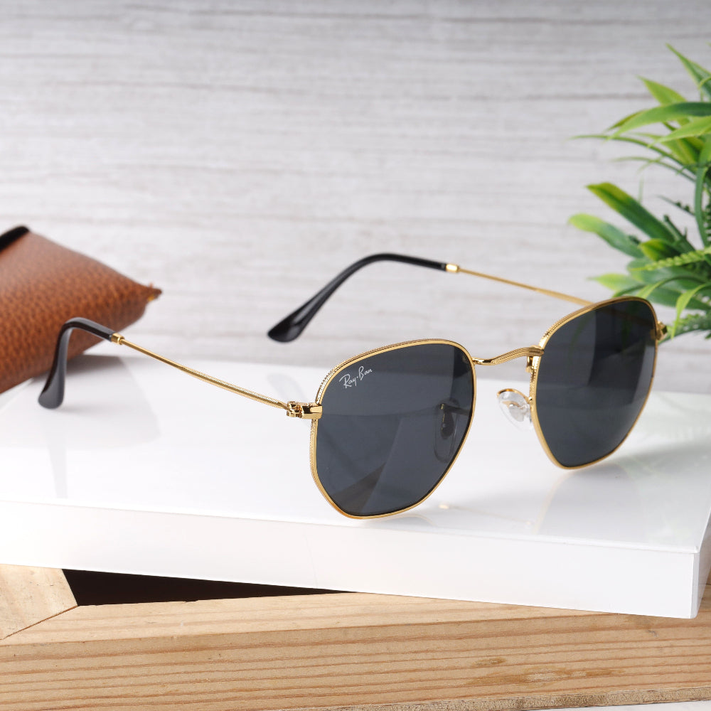Classic Hexagonal 3548N Gold-Black Sunglass with gold frame and UV 400 black lenses from JUO INDIA.